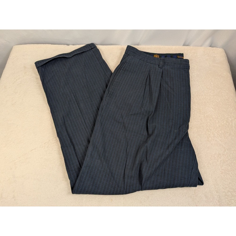 Vintage Tommy Hilfiger Pants 38‎ Navy Shadow Plaid Pleated Cuffed 90s Cotton